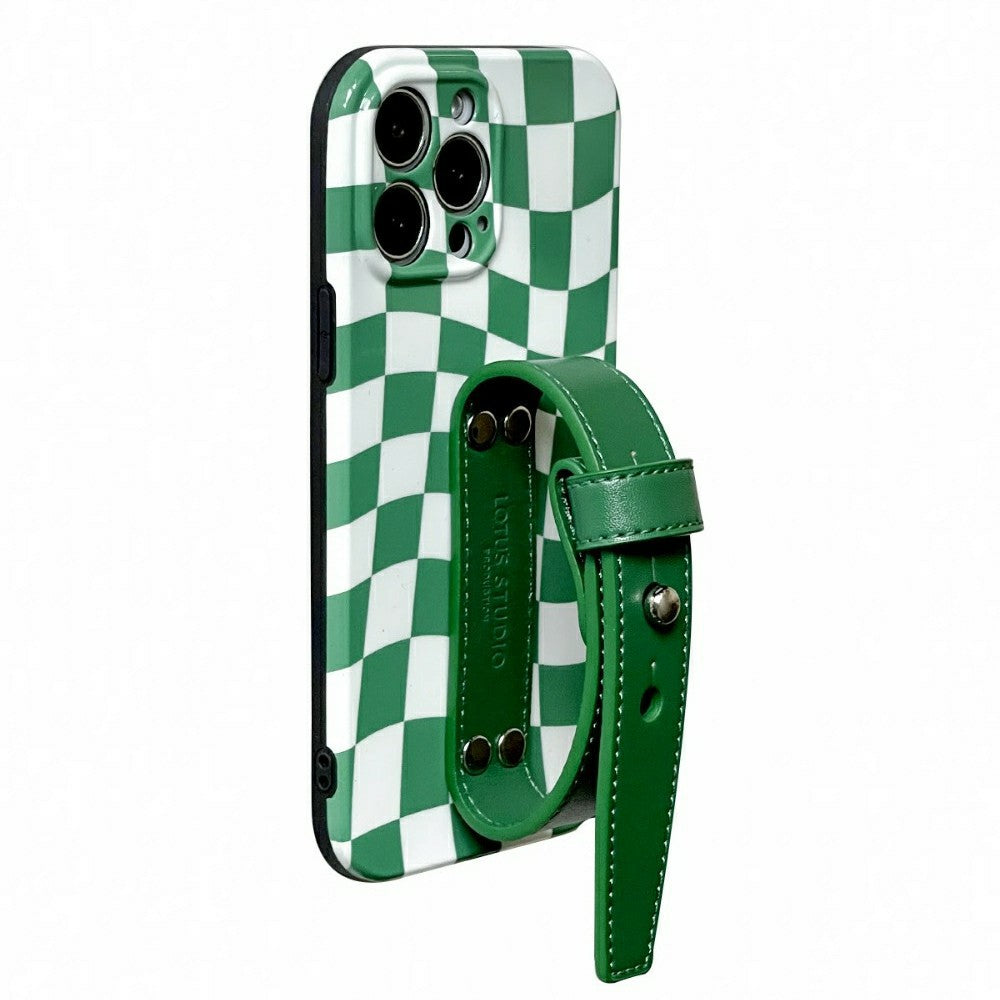 Green and White iPhone grip Case Retro Waves | Green Checkered Wavy Checkerboard Case