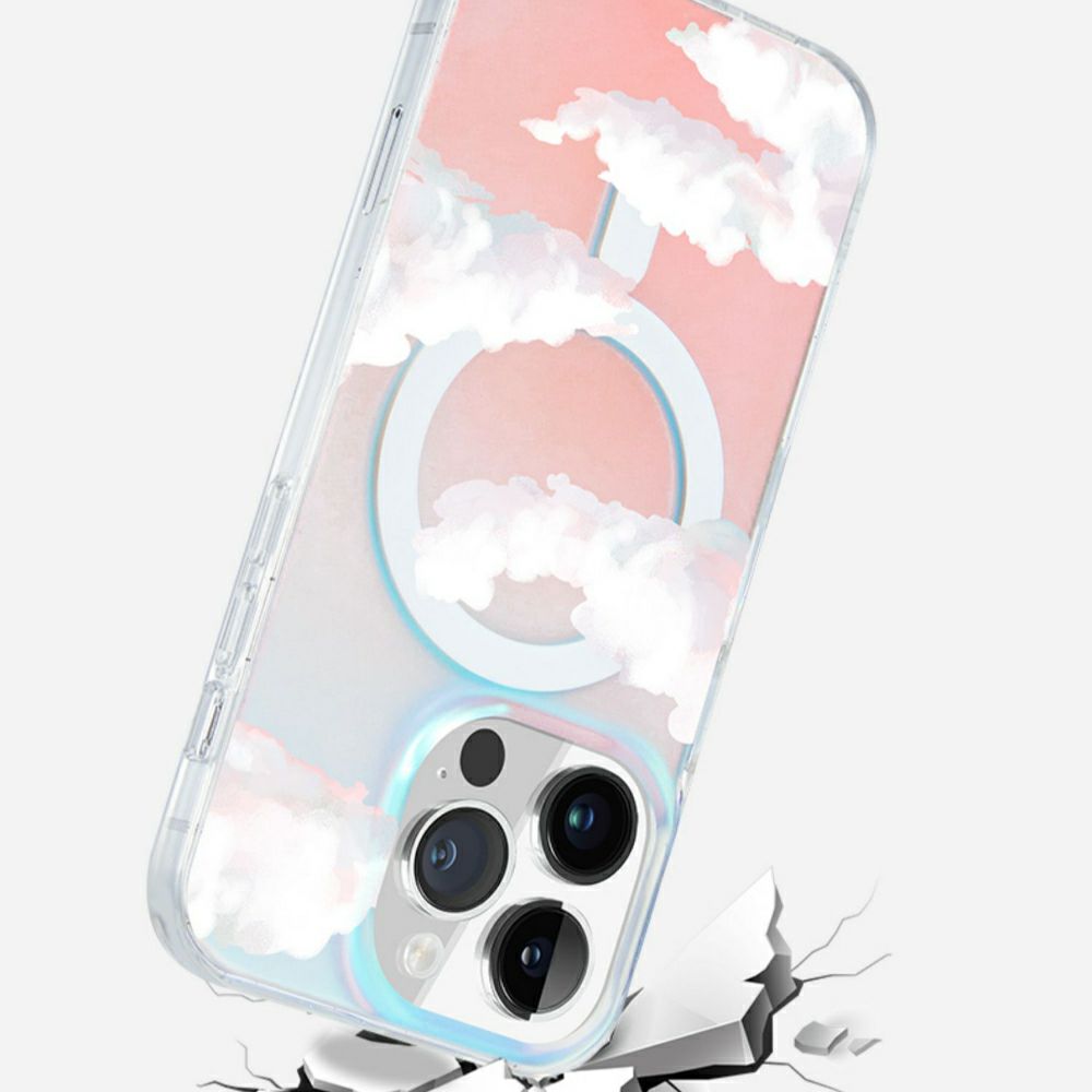 Magnetic iphone 14 pro case Celestial Elegance | Cloud Iridescent Glitter Transparent Sky Case