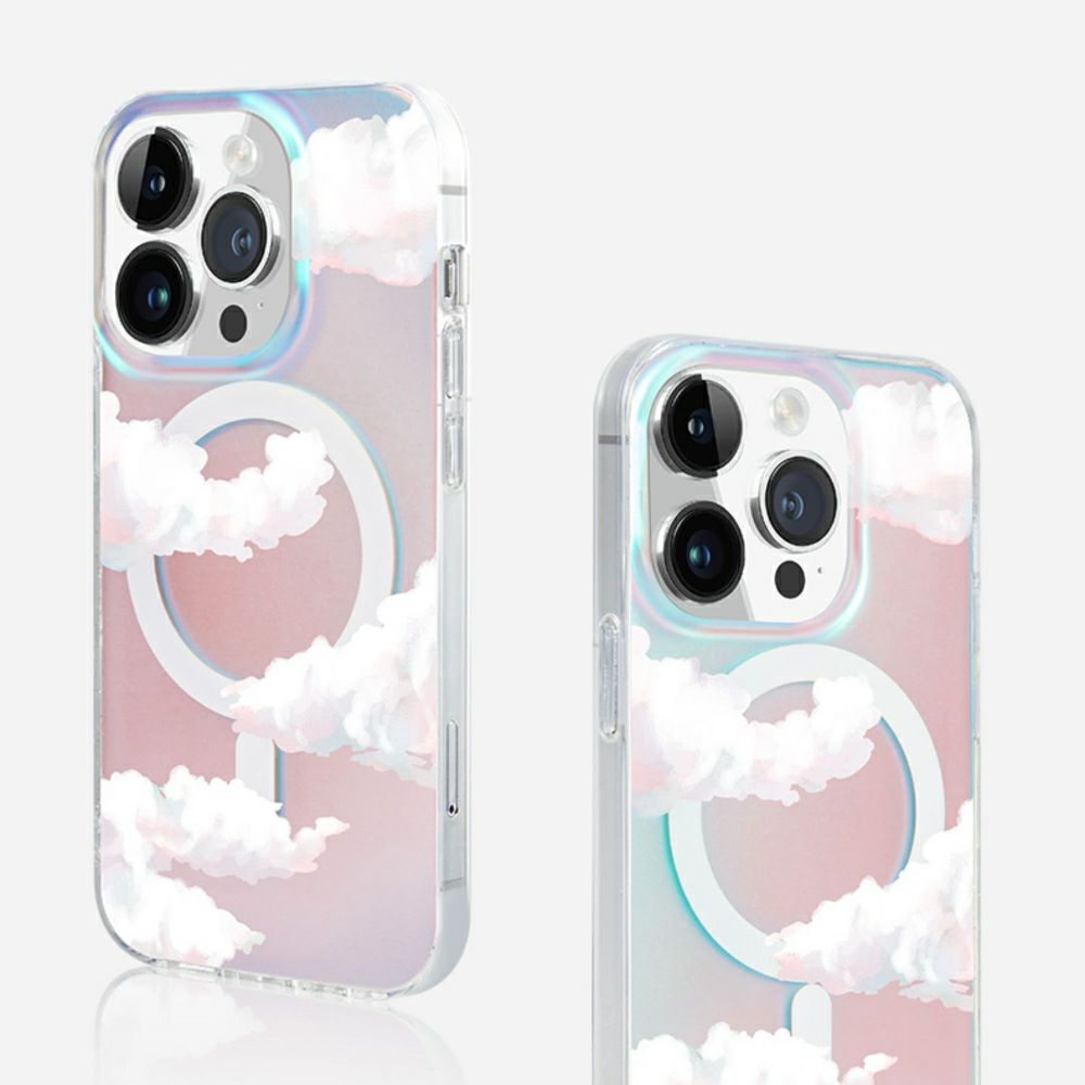 Magnetic iphone 14 pro case Celestial Elegance | Cloud Iridescent Glitter Transparent Sky Case