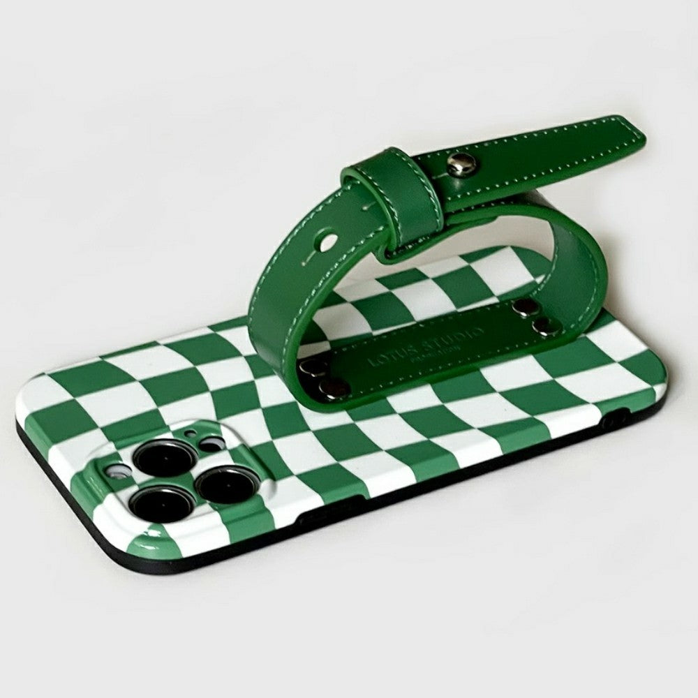 Green and White iPhone grip Case Retro Waves | Green Checkered Wavy Checkerboard Case